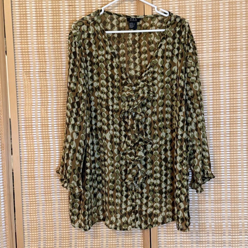 RQT Womens 3X Top Green‎ Brown Ballon Long Sleeve Sheer Ruffles Button Up Boho